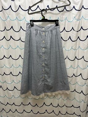 Umgee Navy and White Striped Button-Front Midi Skirt with Lace Trim